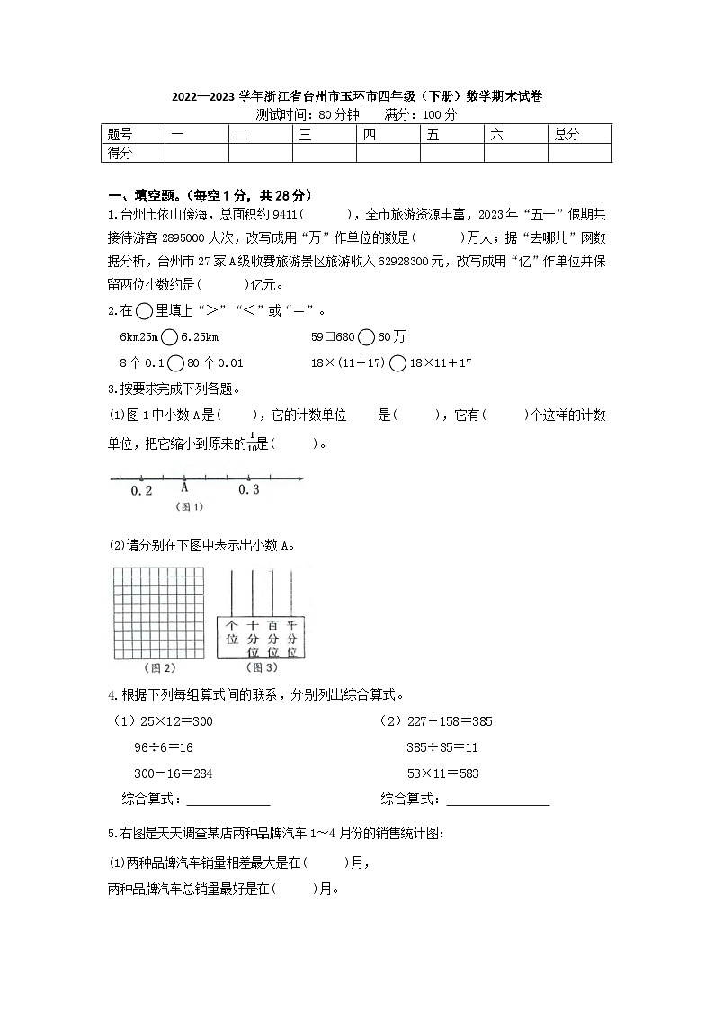 浙江省台州市玉环市2022-2023学年四年级下学期期末数学试卷第1页