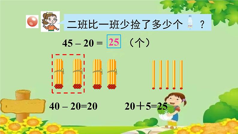 青岛版（六三制）数学一年级下册 五 绿色行动——100以内的加减法（一）-信息窗3 比多比少问题的解决、两位数减一位数（不退位）、两位数减整十数课件第7页