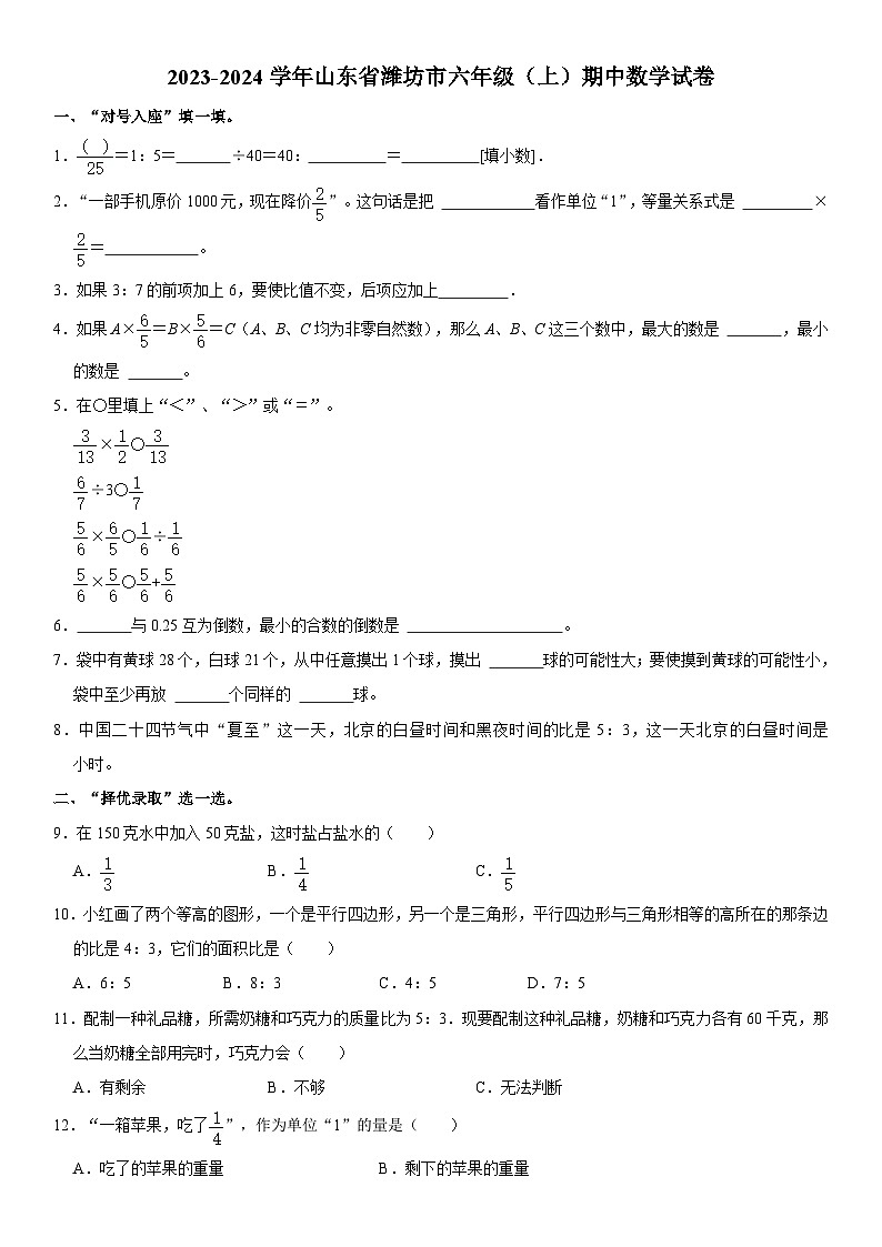 山东省潍坊市2023-2024学年六年级上学期期中数学试卷01