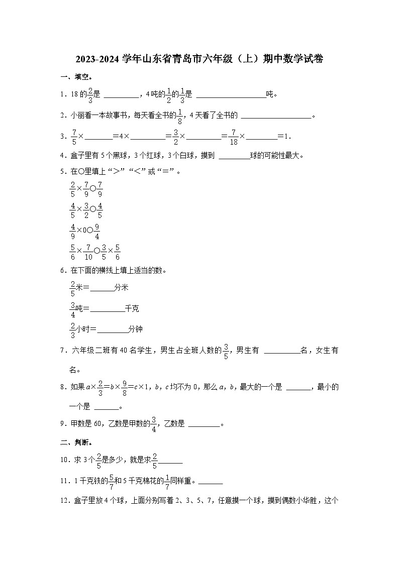 山东省青岛市2023-2024学年六年级上学期期中数学试卷第1页