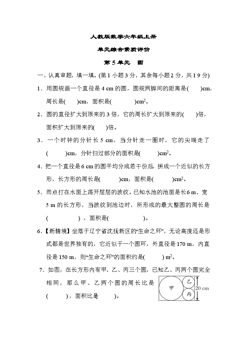 人教版数学六上 第5单元测评（含答案）第1页