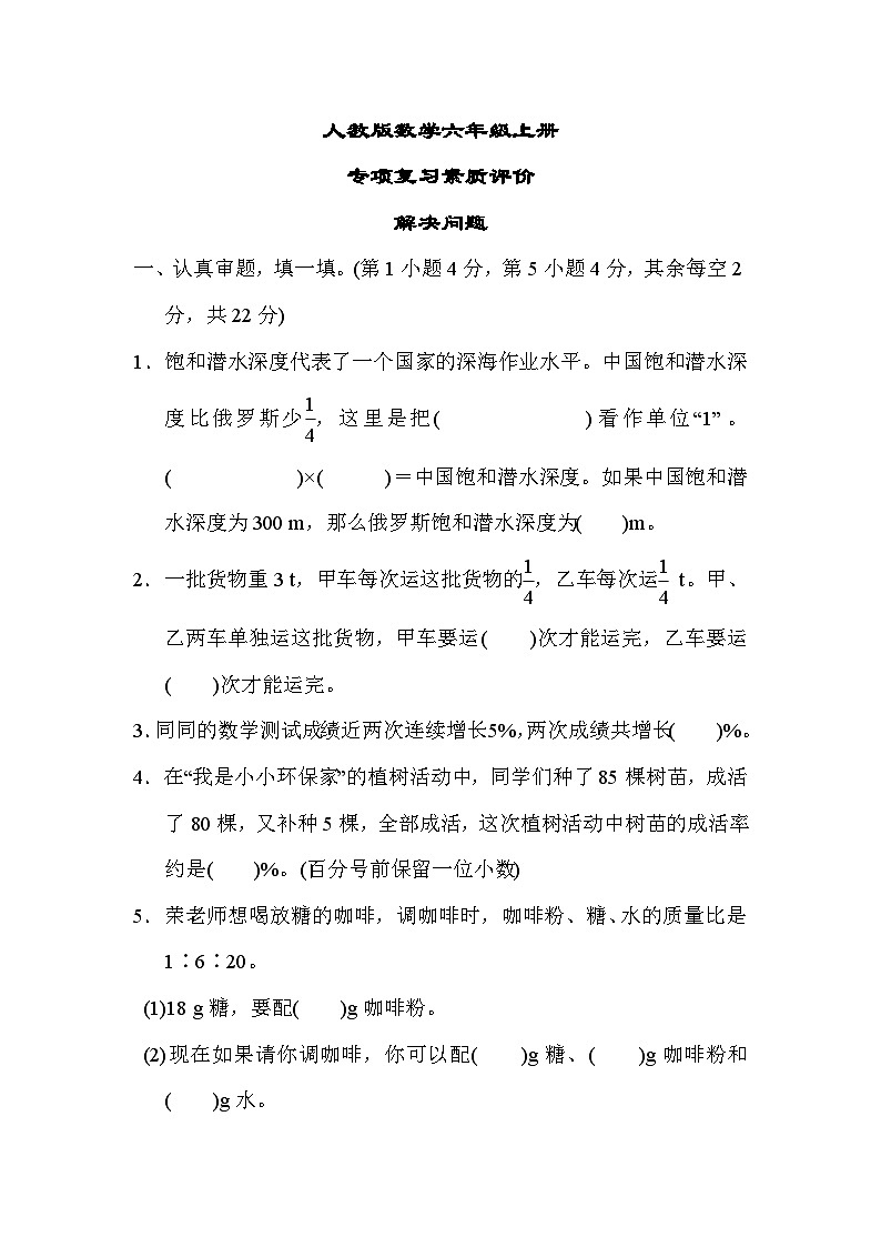 人教版数学六上 解决问题 专项复习测评（含答案）01