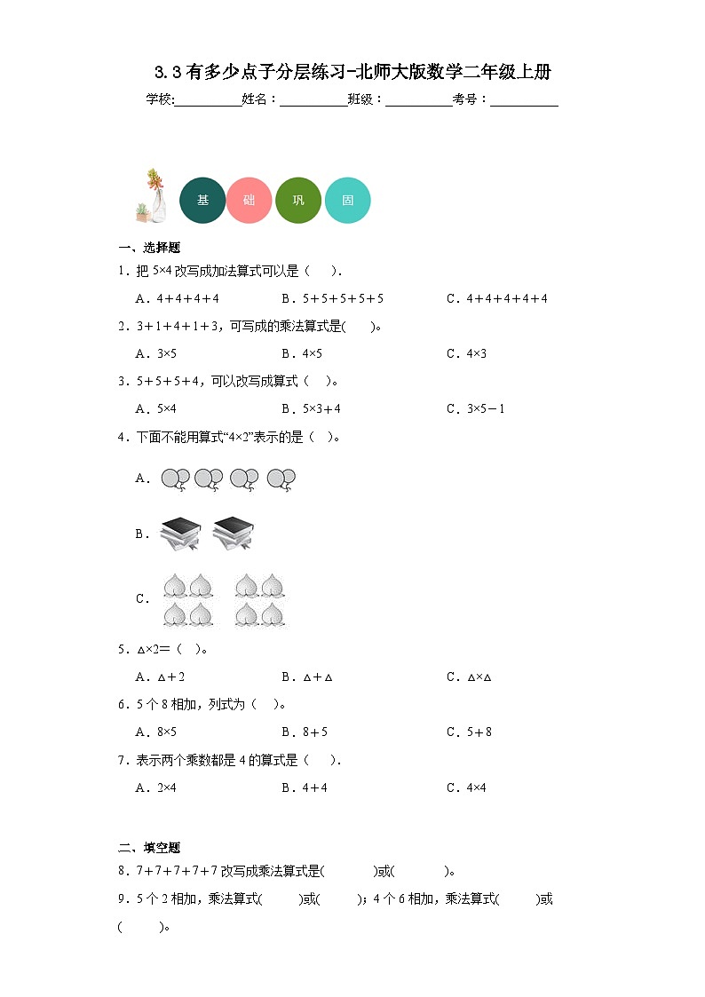 3.3有多少点子分层练习-北师大版数学二年级上册第1页