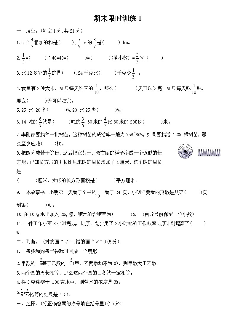 期末限时训练（试题）-六年级上册数学人教版第1页