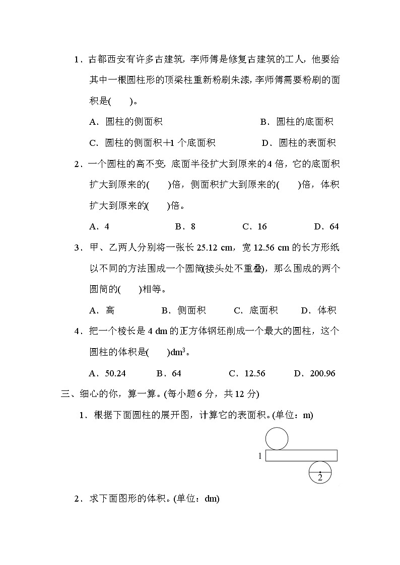 第 3 单元核心考点专项测试 3．圆柱的表面积和体积的计算----六年级下册数学人教版第2页