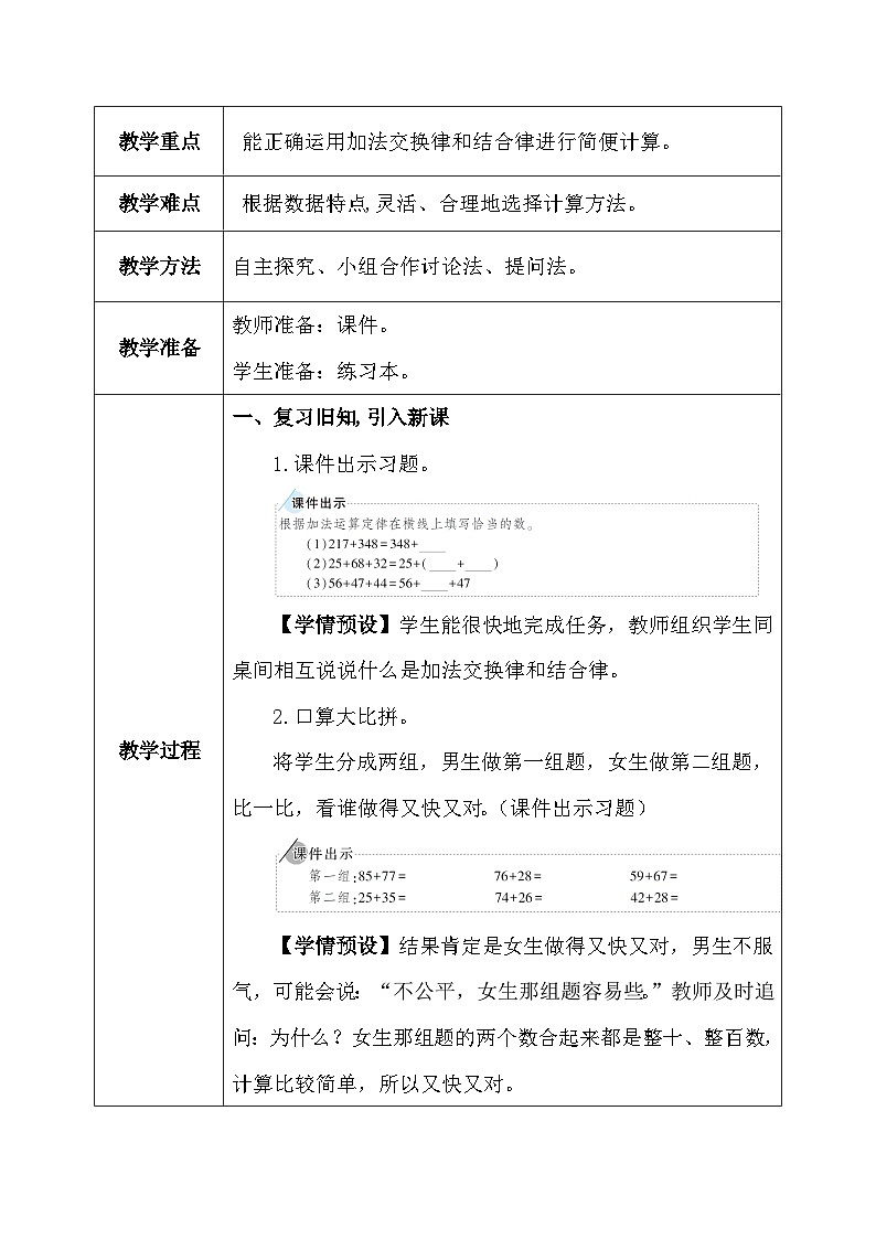 【核心素养】人教版小学数学四年级下册3.2  加法运算律的应用    教案第3页