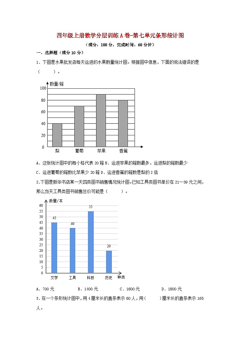 【单元AB卷】四年级上册数学分层训练A卷-第七单元 条形统计图（单元测试） （人教版，含答案）第1页
