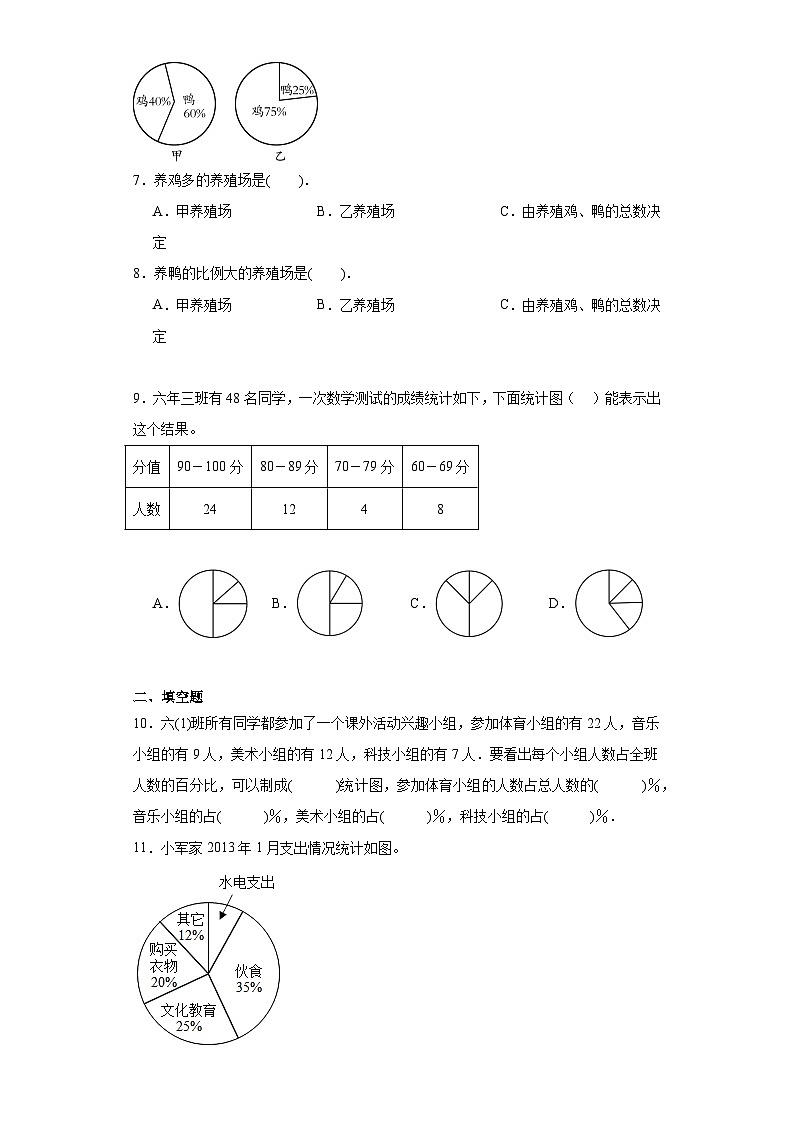 5.1扇形统计图分层练习-北师大版数学六年级上册03