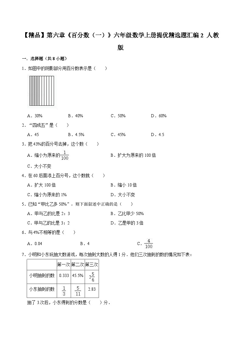 【精品】第六章《百分数（一）》六年级数学上册提优精选题汇编2 人教版第1页