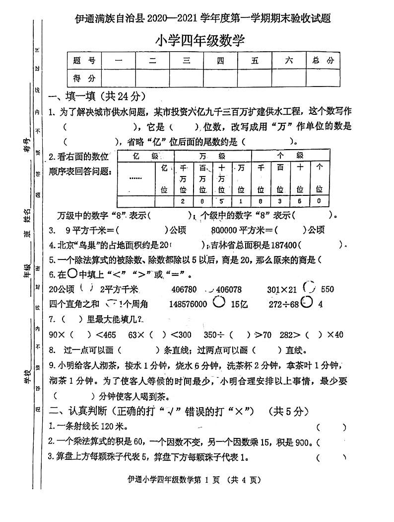 吉林省四平市伊通满族自治县2020-2021学年四年级上学期数学期末验收试卷第1页