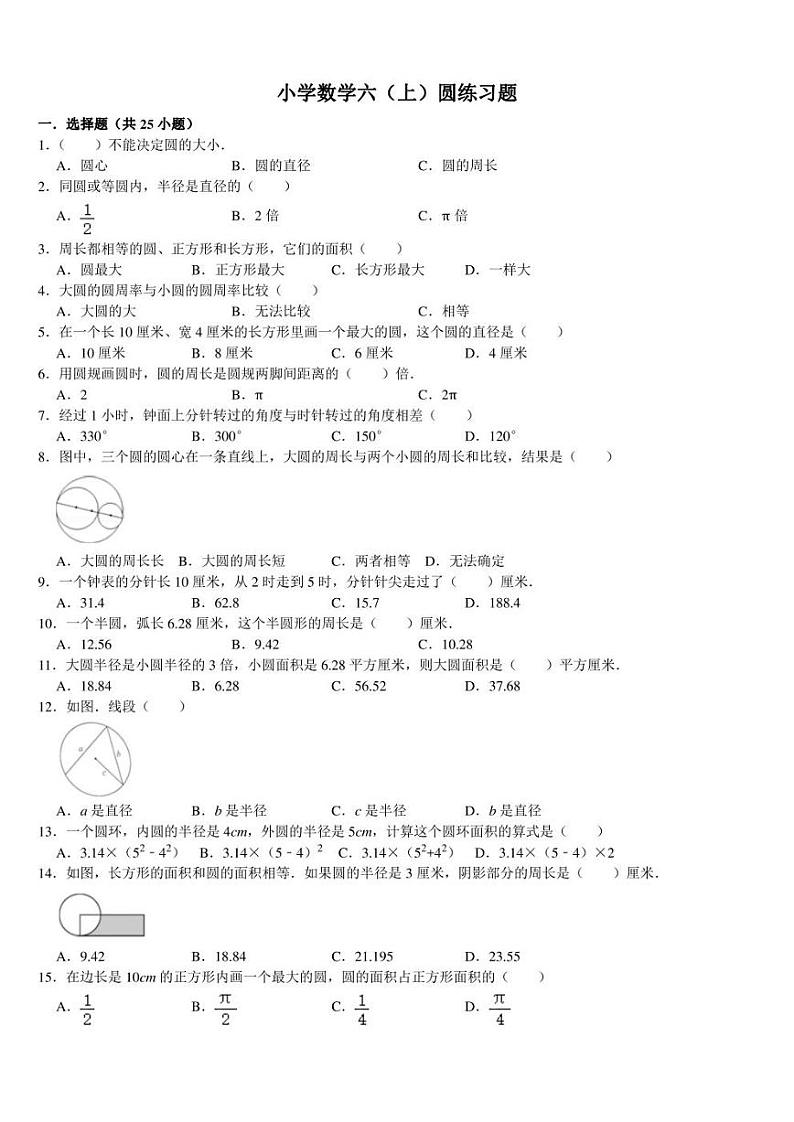 人教版小学数学六年级下册圆练习题难题（含答案）01