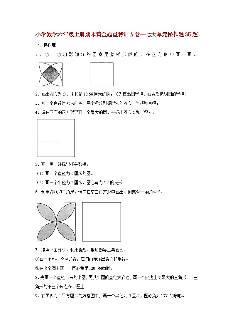 【期末题型专项】小学数学六年级上册期末黄金题型特训A卷——七大单元操作题35题  北师大版（含答案）01