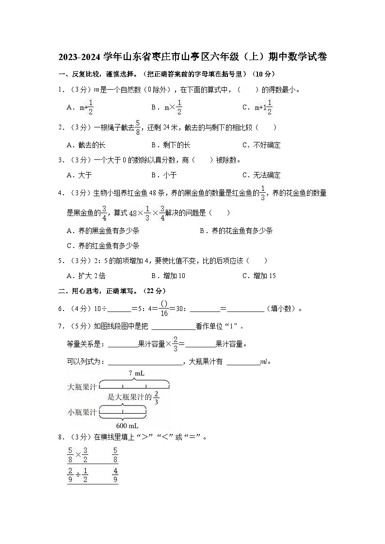 2023-2024学年山东省枣庄市山亭区六年级（上）期中数学试卷01