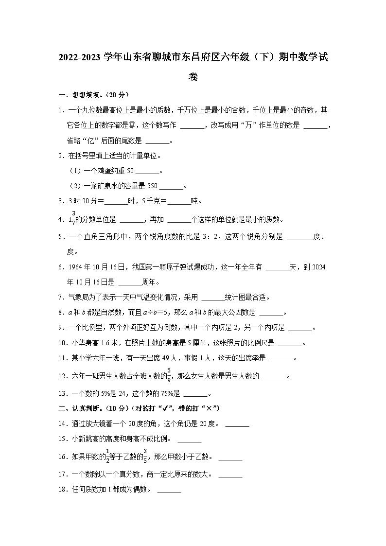 山东省聊城市东昌府区2022-2023学年六年级下学期期中数学试卷01