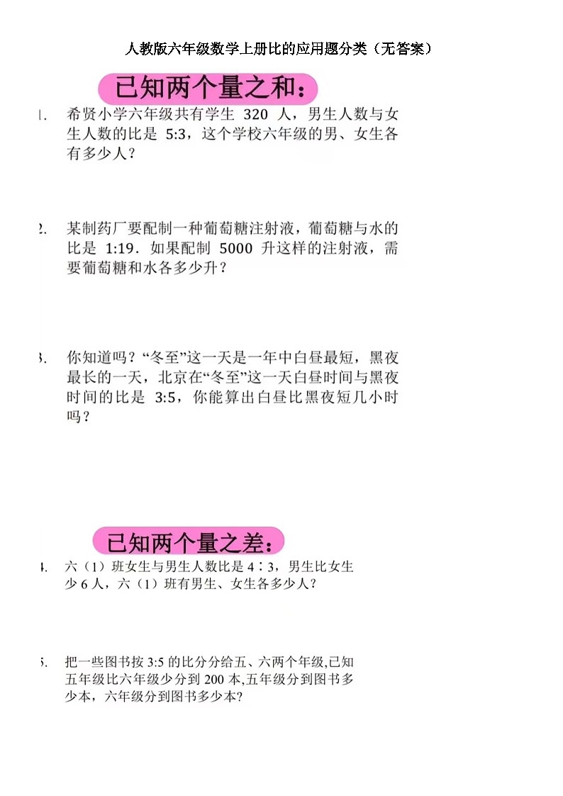 人教版六年级数学上册比的应用题分类（无答案）第1页