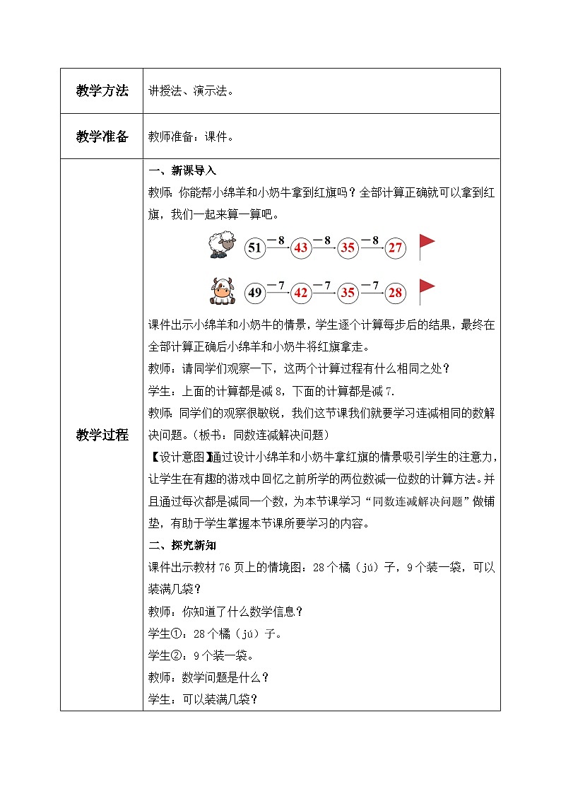 【核心素养】人教版小学数学一年级下册 第6单元 第8课时 连减同数解决问题 教案（含教学反思）第2页