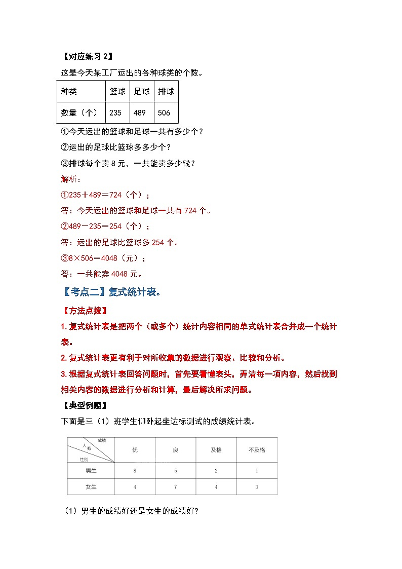 【典型例题系列】2023-2024学年三年级数学下册重点培优第三单元复式统计表（解析版）人教版第3页