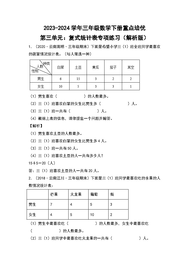 2023-2024学年三年级数学下册重点培优第三单元：复式统计表专项练习（解析版）人教版第1页