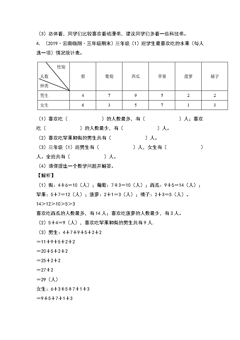 2023-2024学年三年级数学下册重点培优第三单元：复式统计表专项练习（解析版）人教版第3页