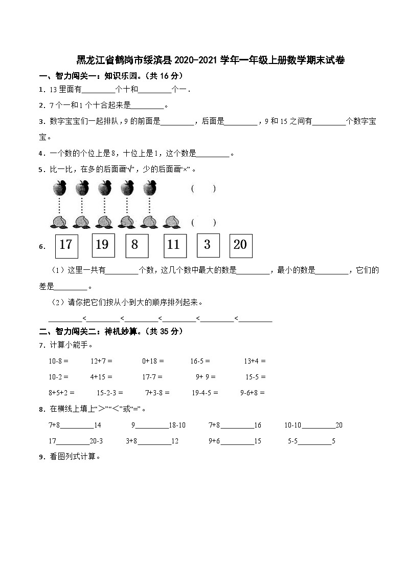 黑龙江省鹤岗市绥滨县2020-2021学年一年级上册数学期末试卷01