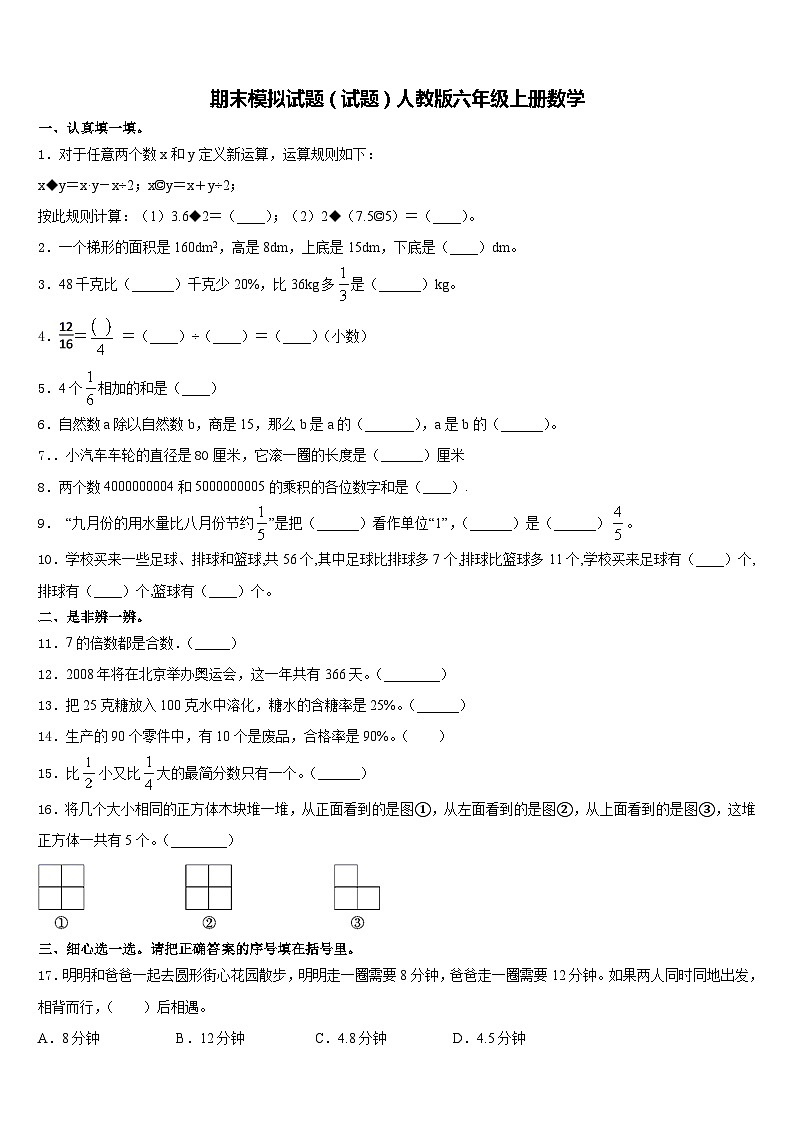 期末模拟试题（试题）-人教版六年级上册数学第1页