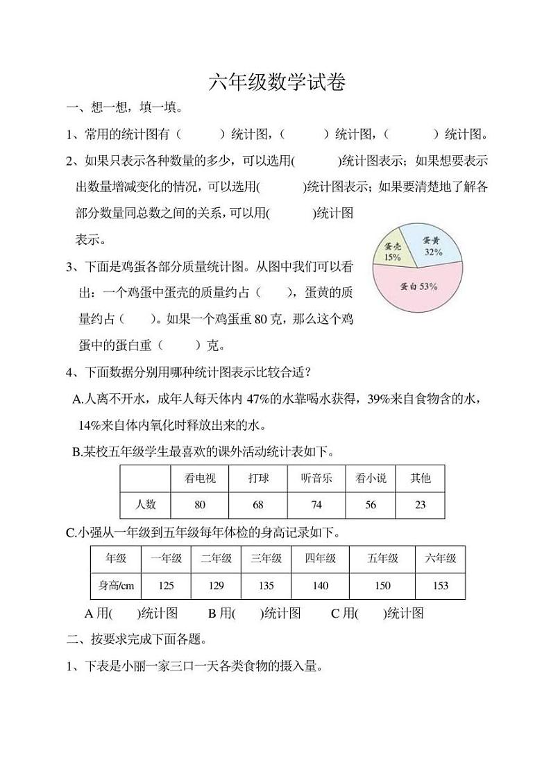 人教版六年级上第七章扇形统计图单元试卷（无答案）第1页