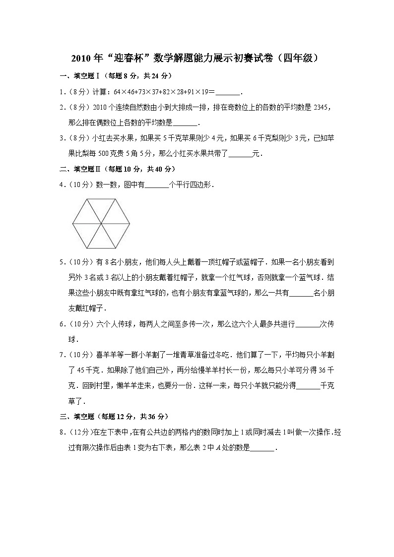2010年“迎春杯”数学解题能力展示初赛试卷（四年级）第1页
