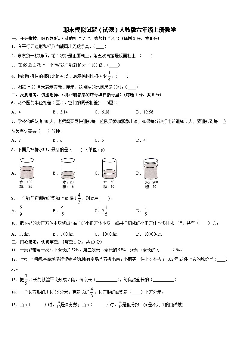 期末模拟试题（试题）人教版六年级上册数学第1页