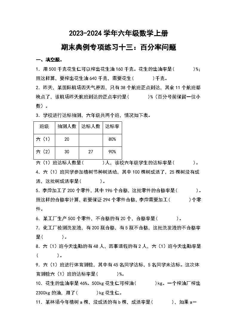 人教版2023-2024学年六年级数学上册期末典例专项练习十三：百分率问题（原卷版+答案解析）第1页