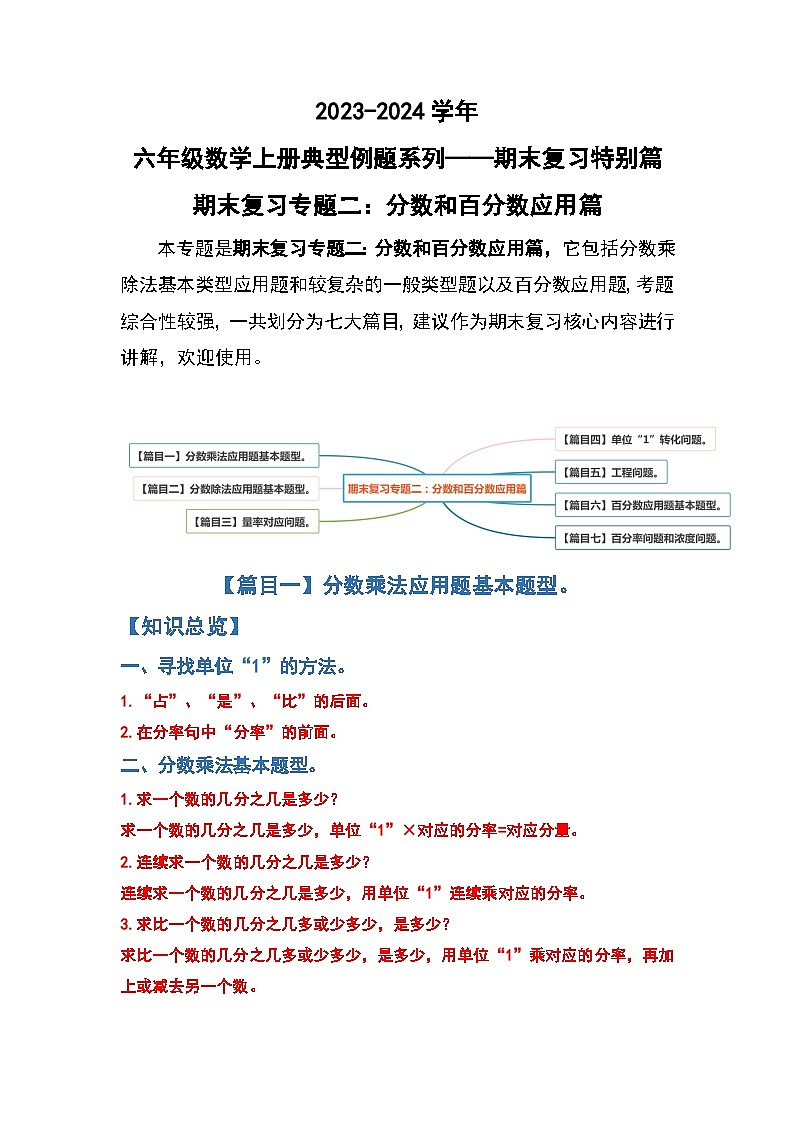 人教版2023-2024学年六年级数学上册期末复习专题二：分数和百分数应用篇（原卷版+答案解析）01