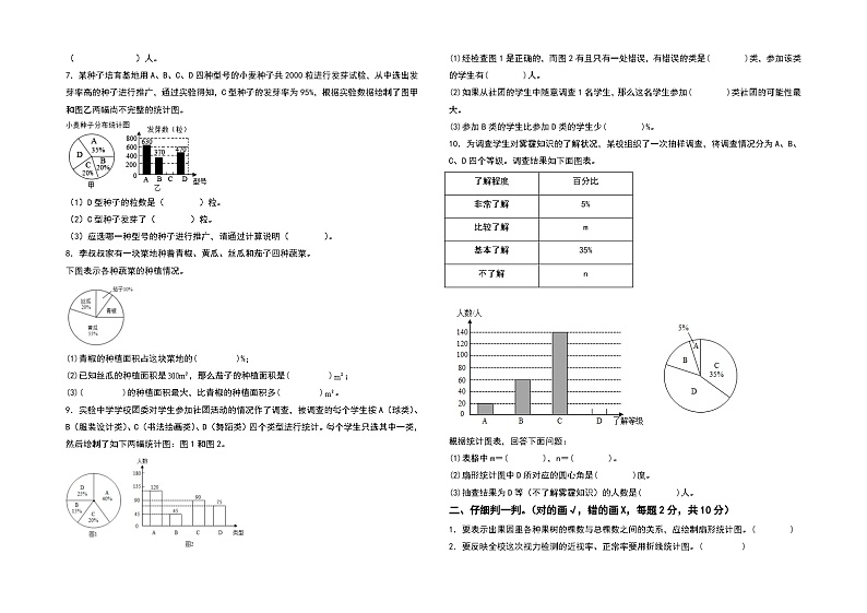 人教版2023-2024学年六年级数学上册第七单元扇形统计图检测卷（拓展卷）（含答案）（A3卷）02