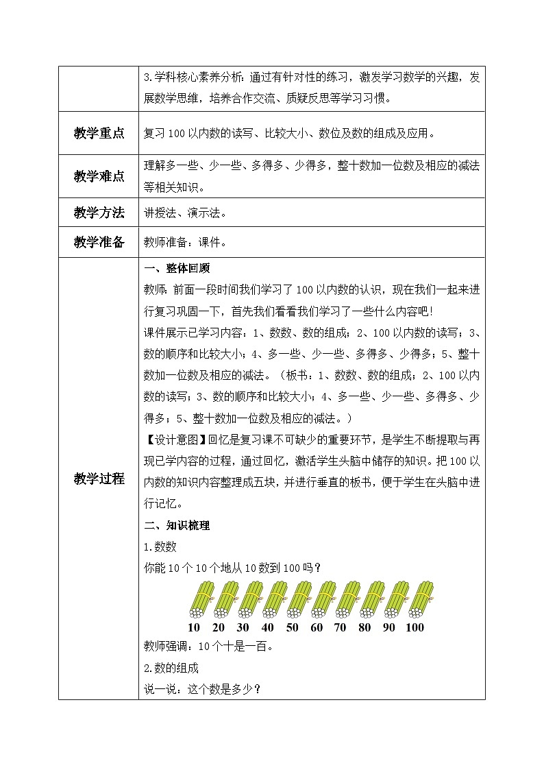 【核心素养】人教版小学数学一年级下册 第8单元 第1课时 总复习：100以内数的认识 教案（含教学反思）第2页