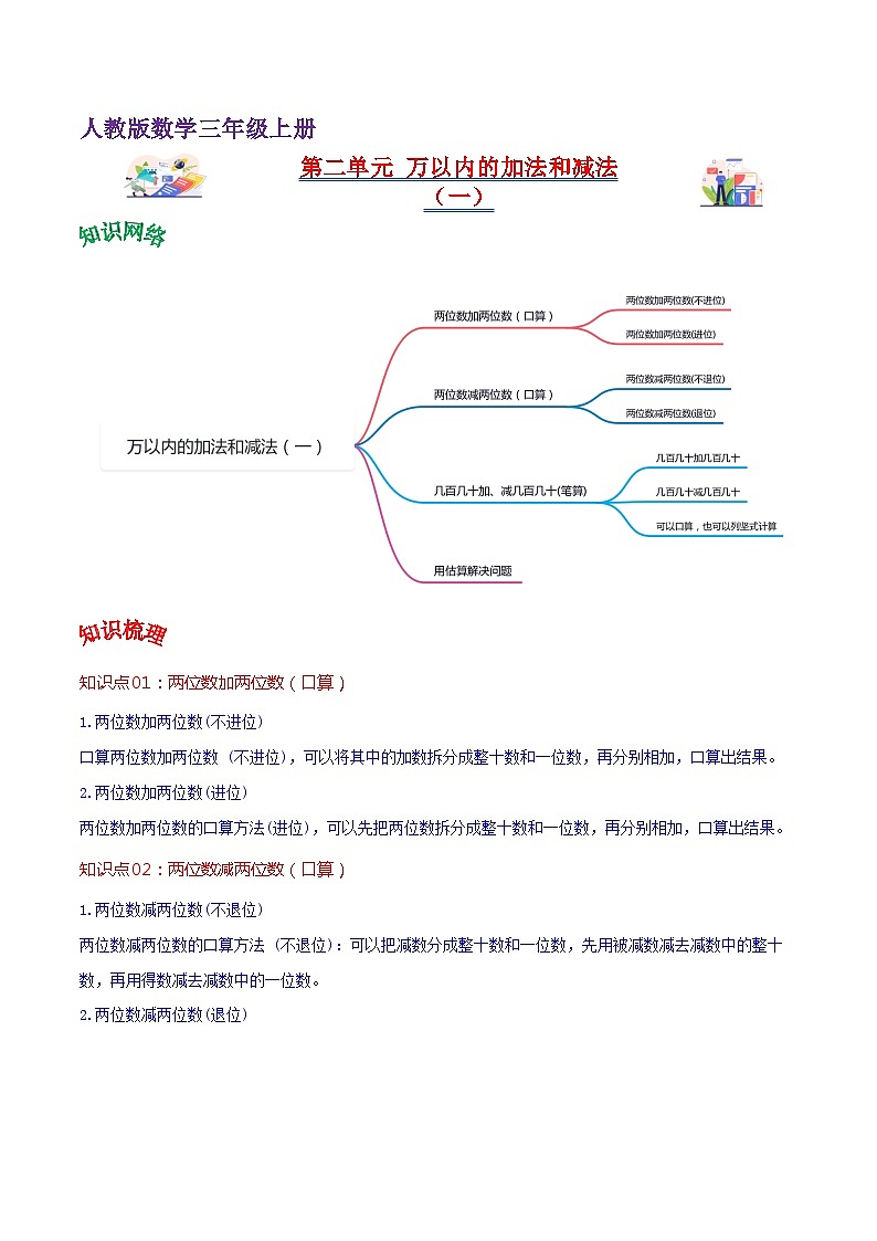 人教版2023-2024学年三年级上册数学 第二单元  万以内的加法和减法（一）（学生版）单元热点难点讲义第1页