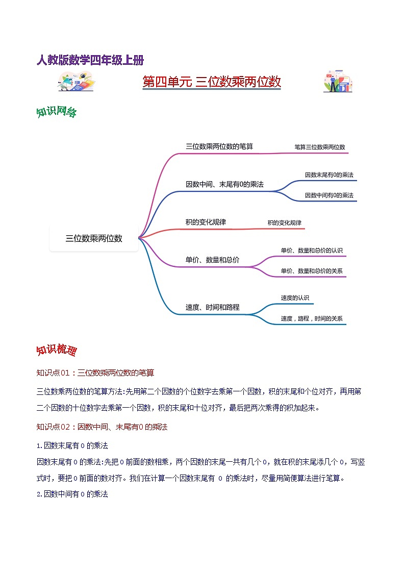 人教版2023-2024学年四年级上册数学 第四单元  三位数乘两位数（学生版+教师版+讲解课件）-（复习讲义）单元速记·巧练01