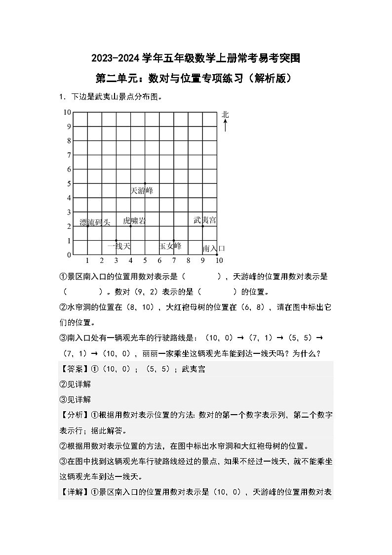 人教版2023-2024学年五年级数学上册常考易考突围第二单元：数对与位置专项练习（原卷版+解析版）01
