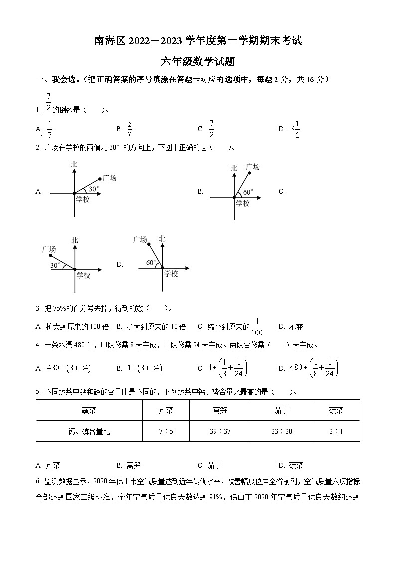 2022-2023学年广东省佛山市南海区人教版六年级上册期末测试数学试卷01