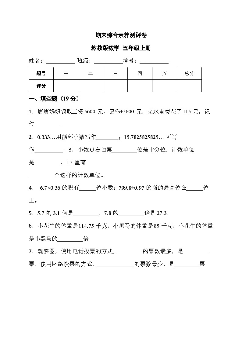 期末综合素养测评卷（试题）-五年级上册数学苏教版01