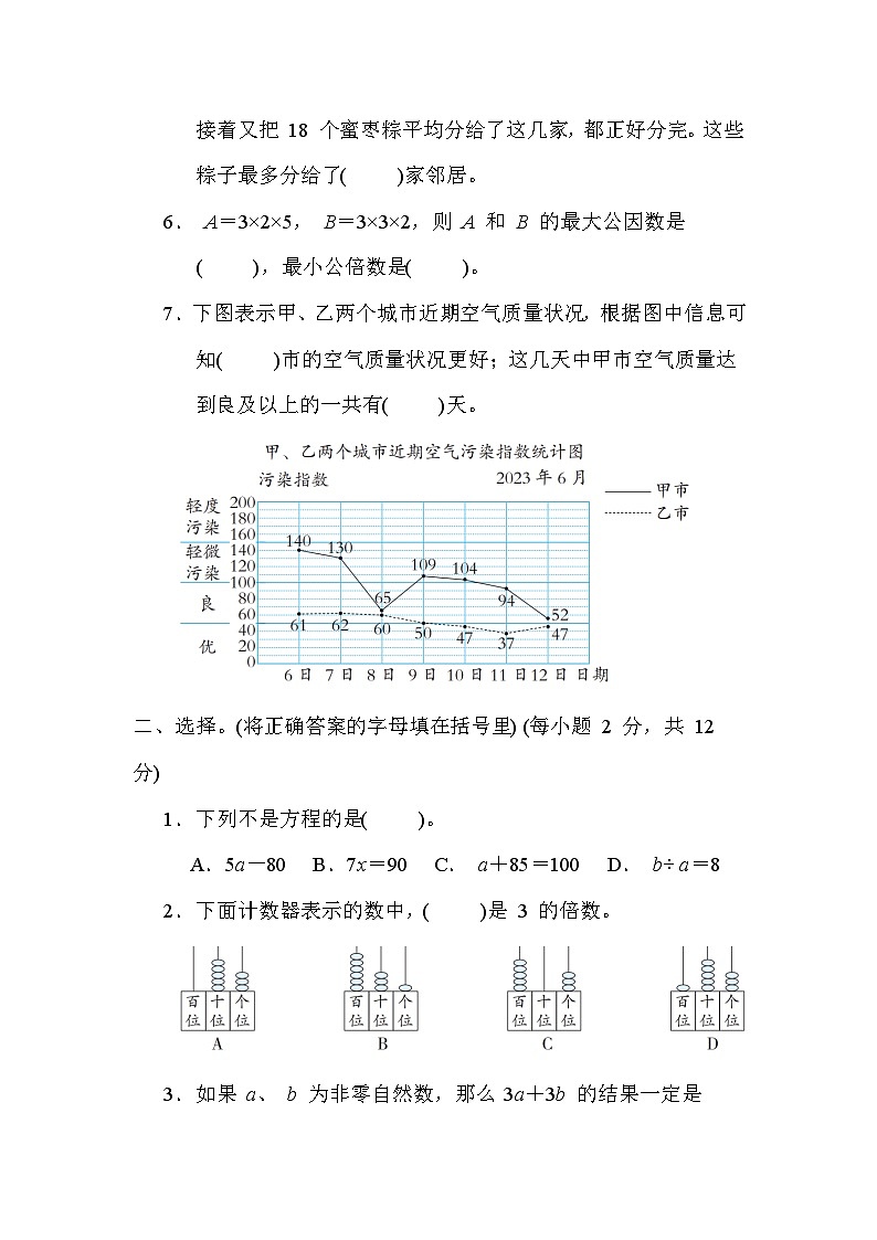期中综合测试卷(一)（试题）-五年级下册数学苏教版第2页