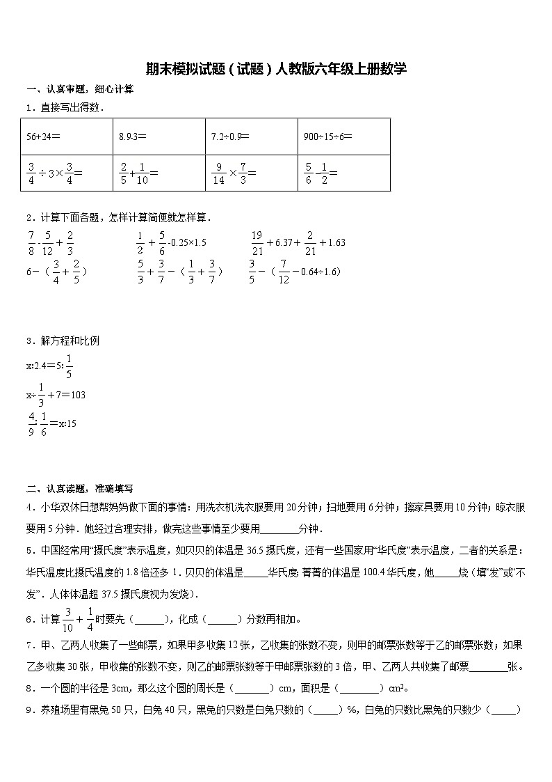 期末模拟试题（试题）人教版六年级上册数学(9)第1页