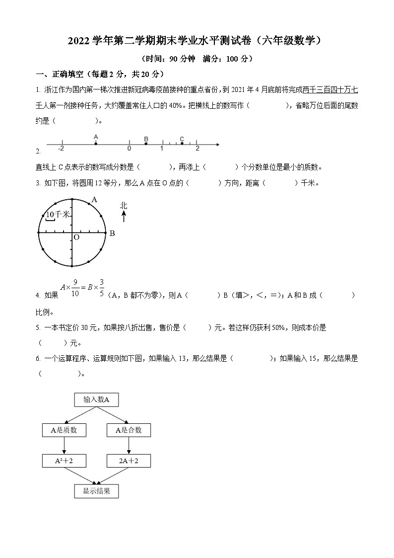 2022-2023学年浙江省杭州市钱塘区人教版六年级下册期末学业水平测试数学试卷第1页