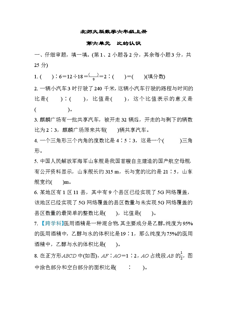 北师大版数学六上 第六单元（项测评含答案）第1页