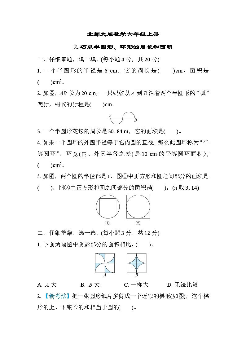 北师大版数学六上 巧求半圆形、环形的周长和面积（期末专项测评含答案）01