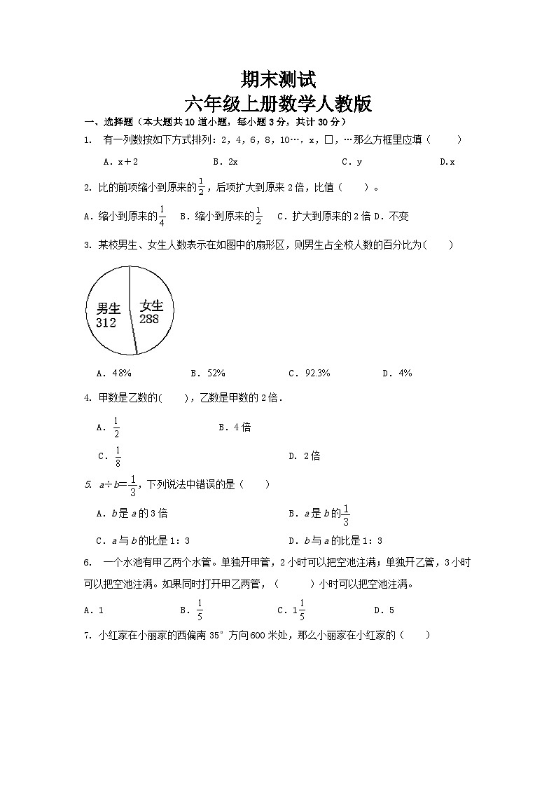 期末测试（试题）人教版六年级上册数学第1页