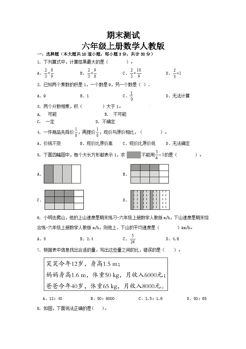 期末测试(试题)-人教版六年级上册数学第1页