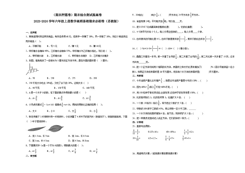 （期末押题卷）期末综合测试提高卷-2023-2024学年六年级上册数学高频易错期末必刷卷（苏教版）01