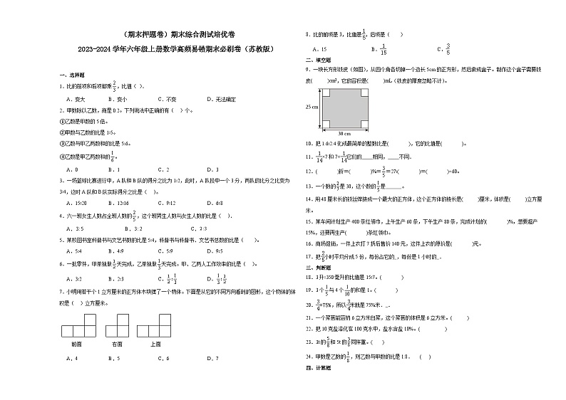 （期末押题卷）期末综合测试培优卷-2023-2024学年六年级上册数学高频易错期末必刷卷（苏教版）01