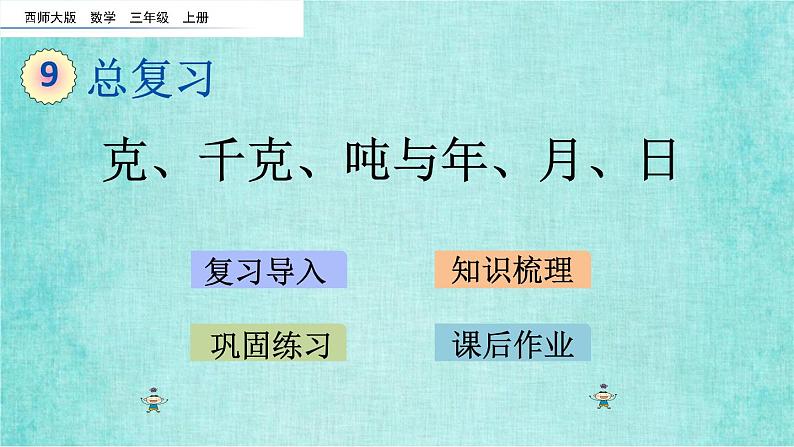 西师大版数学三年级上册课件教学第九单元总复习9.4克、千克、吨与年、月、日01