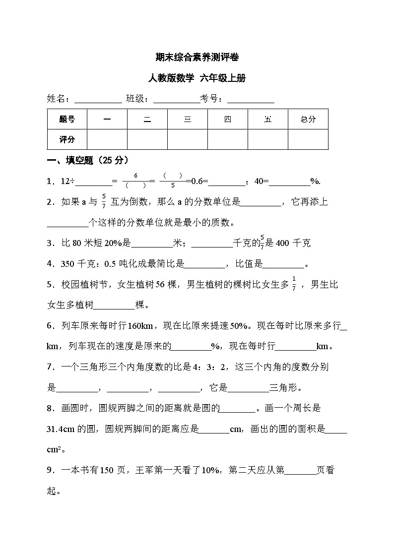 期末综合素养测评卷（试题）人教版六年级上册数学01