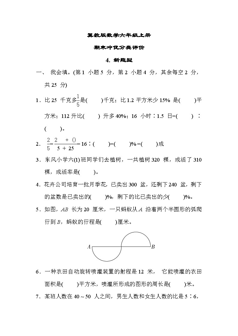 冀教版数学六上 新题型（期末专项测评含答案）第1页