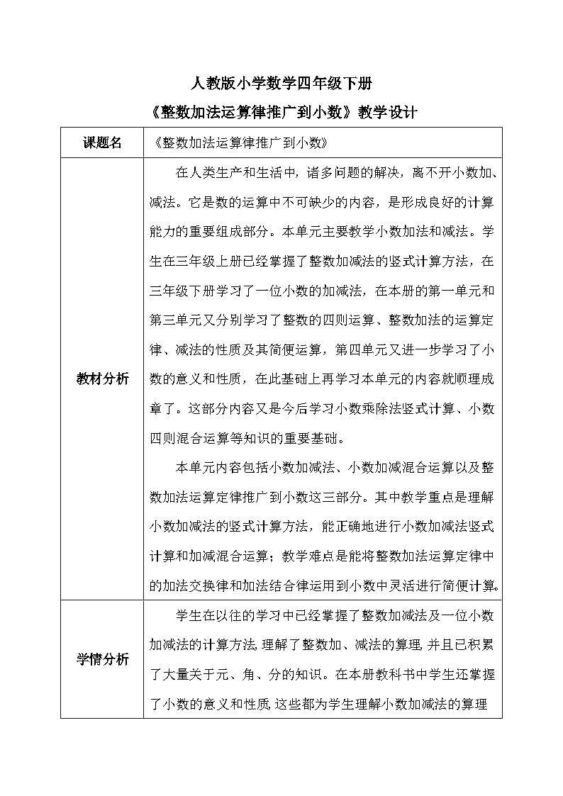 【核心素养】人教版小学数学四年级下册   6.4  整数加法运算定律推广到小数    课件+教案+导学案(含教学反思)01